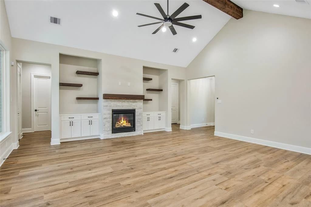 Living room centered around a fireplace